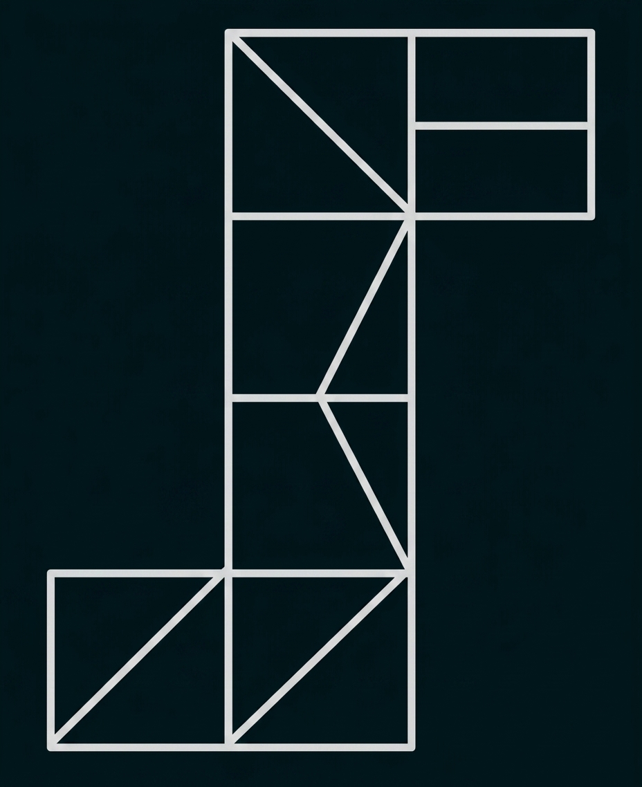 Abstrakte geometrische Linienzeichnung mit mehreren verbundenen Rechtecken und Diagonalen.